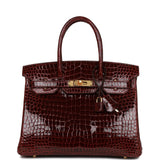 Hermes Birkin 30 Bordeaux Shiny Porosus Crocodile Gold Hardware