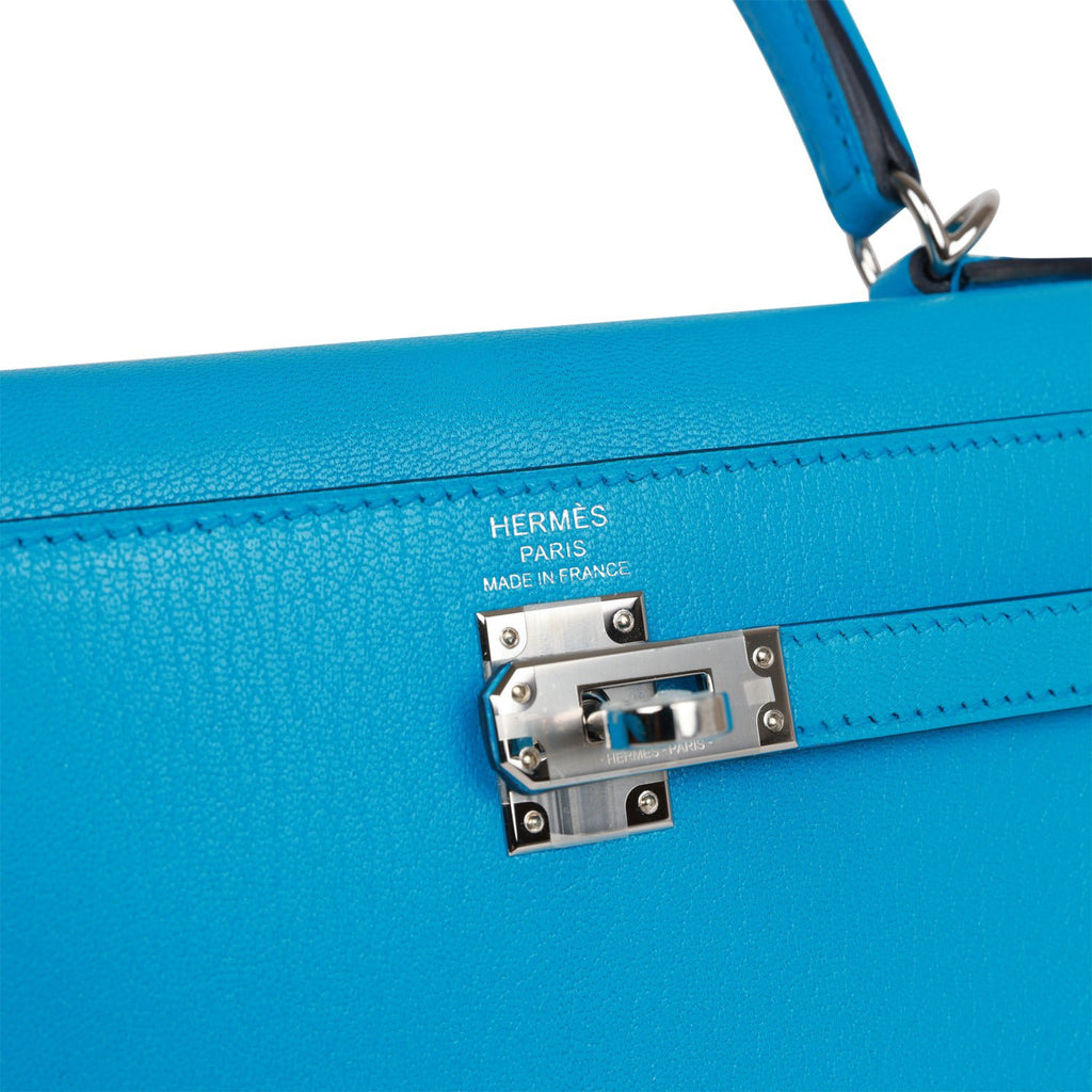 Hermes Kelly 50 Voyage Blue De Malte Bag Palladium Hardware Novillo Leather  • MIGHTYCHIC • 