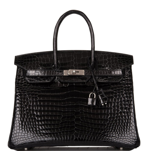 Pre-owned Hermes Birkin 35 Black Shiny Porosus Crocodile Palladium Hardware