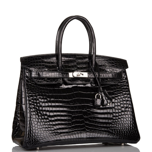 Pre-owned Hermes Birkin 35 Black Shiny Porosus Crocodile Palladium Hardware