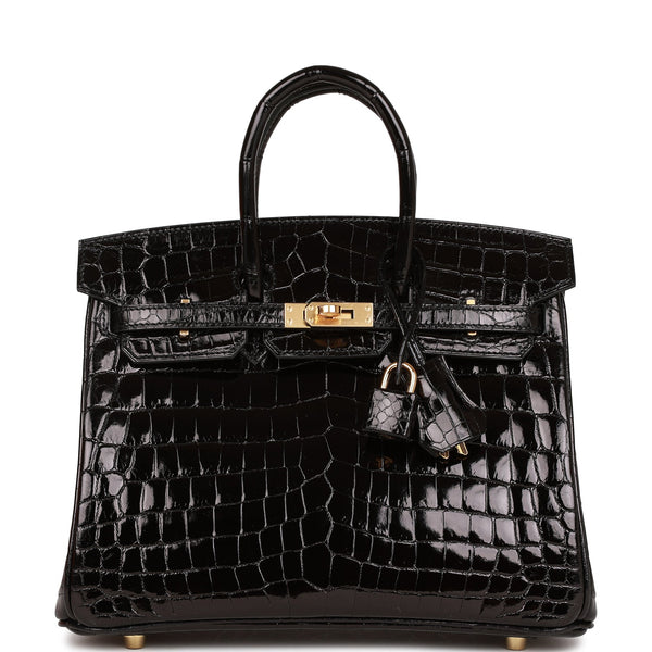 Hermes Birkin 25 Black Shiny Niloticus Crocodile Gold Hardware ...