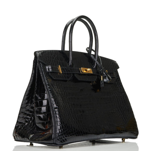 Hermes Birkin 35 Black Shiny Porosus Crocodile Gold Hardware