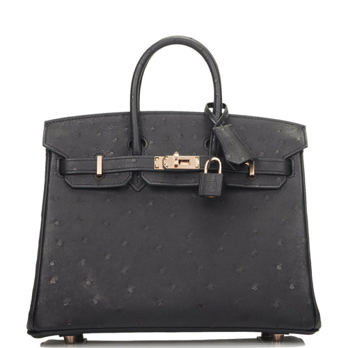 Hermes Birkin 25 Black Ostrich Rose Gold Hardware