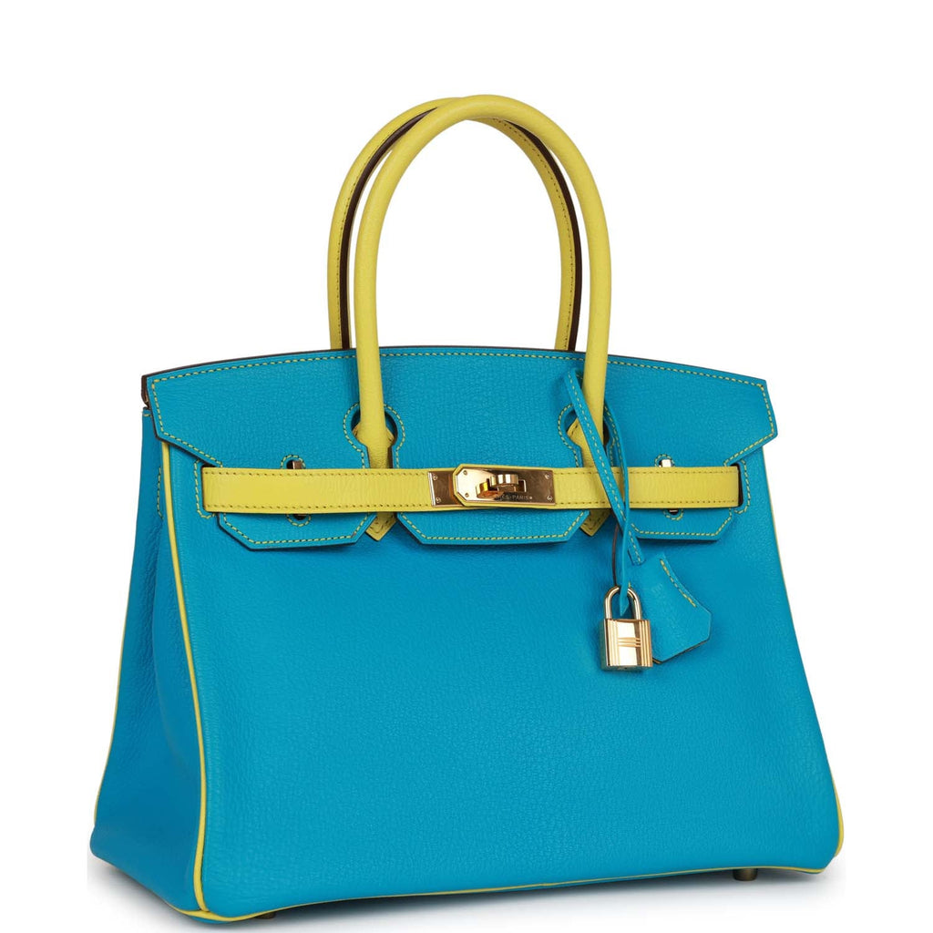 Hermes Birkin Handbag Bleu Pale Clemence with Gold Hardware 30 Blue