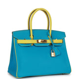 Pre-owned Hermes Special Order (HSS) Birkin 30 Bleu Turquoise and Lime Chevre Gold Hardware