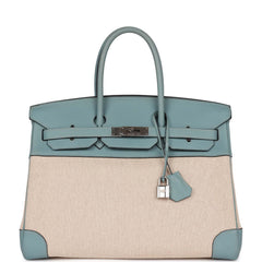 Pre-owned Hermes Birkin 35 Ciel Clemence and Ecru-Beige Toile H Palladium Hardware