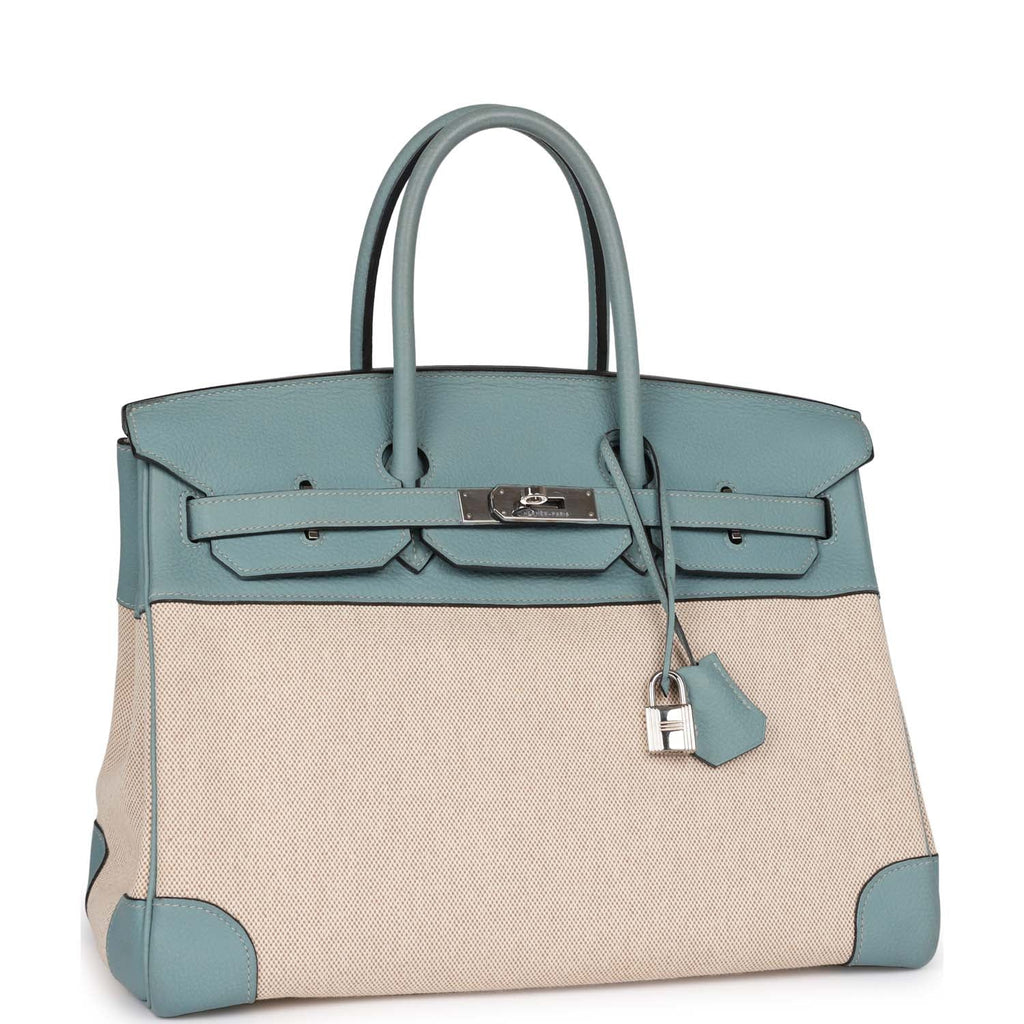 Pre-owned Hermes Birkin 35 Toile H and Ciel Clemence Palladium Hardware