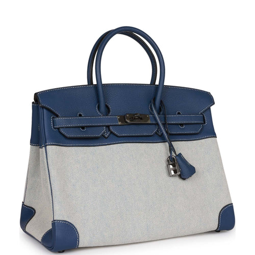 Pre-Owned Hermes Birkin 35 Bleu Brighton Clemence and Toile H Ruthenium Hardware