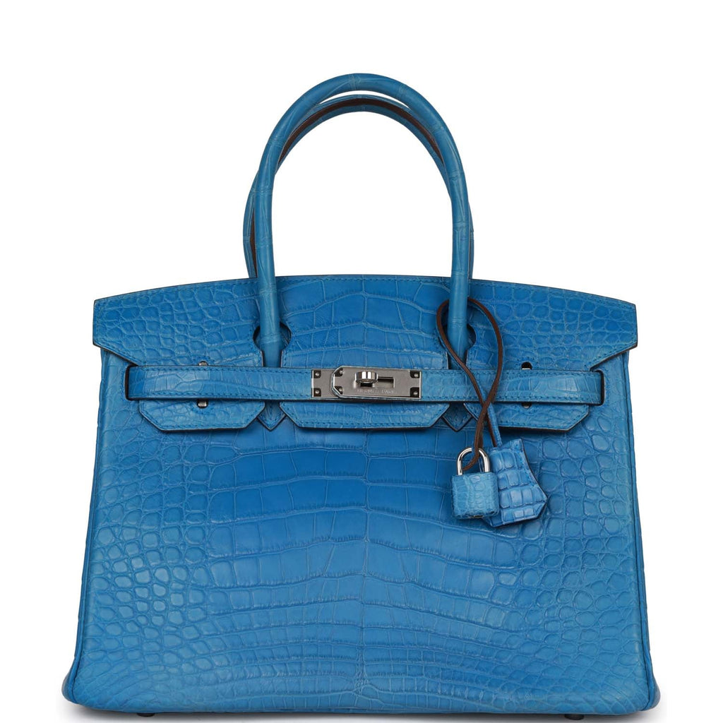 Pre-owned Hermes Birkin 30 Bleu Mykonos Matte Alligator Palladium Hard –  Madison Avenue Couture
