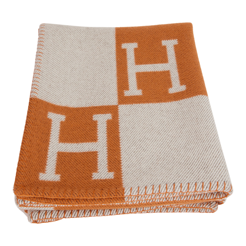 Hermes Classic Avalon Ecru and Orange H Blanket