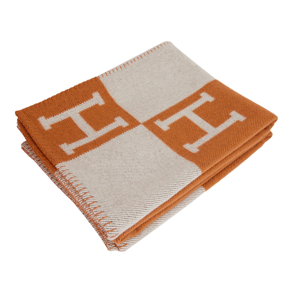 Hermes Classic Avalon Ecru and Orange H Blanket