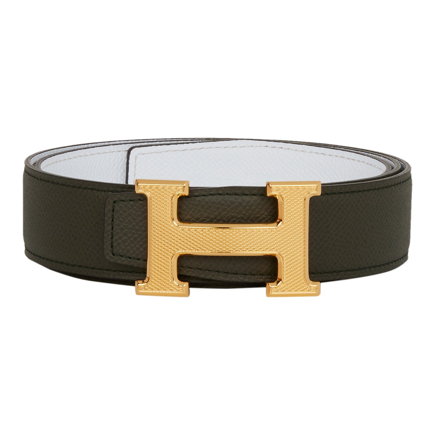 Hermes 32mm Vert de Gris/White Constance H Belt 75cm Guilloche Gold ...