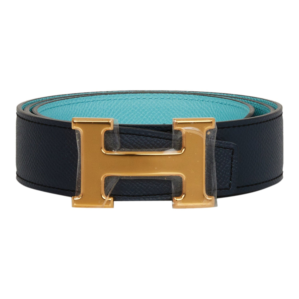 Hermes 32mm Reversible Bleu Indigo/Bleu Atoll Constance H Belt 85cm Gold  Buckle