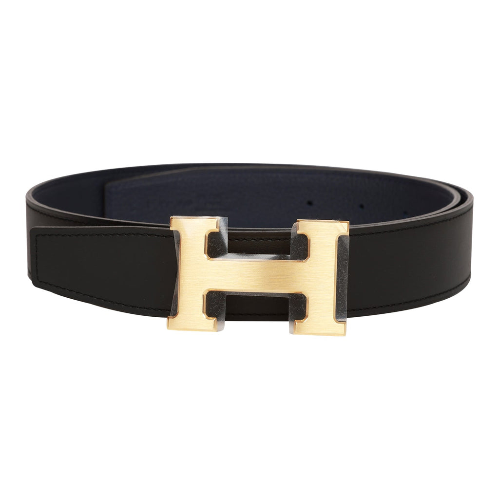 Hermes 32mm Black/Bleu Nuit Constance H Belt 75cm Brushed Gold Buckle –  Madison Avenue Couture