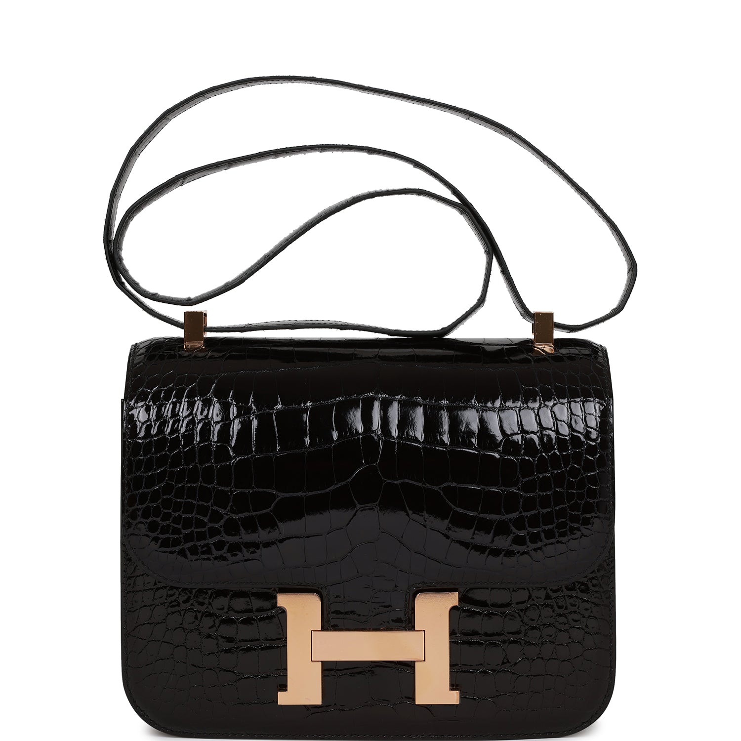 Hermes Constance 24 Black Shiny Alligator Rose Gold Hardware – Madison ...