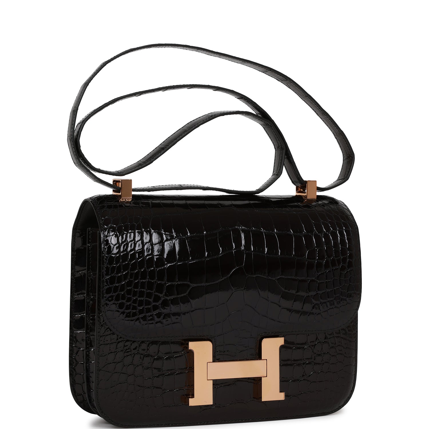 Hermes Constance 24 Black Shiny Alligator Rose Gold Hardware – Madison ...