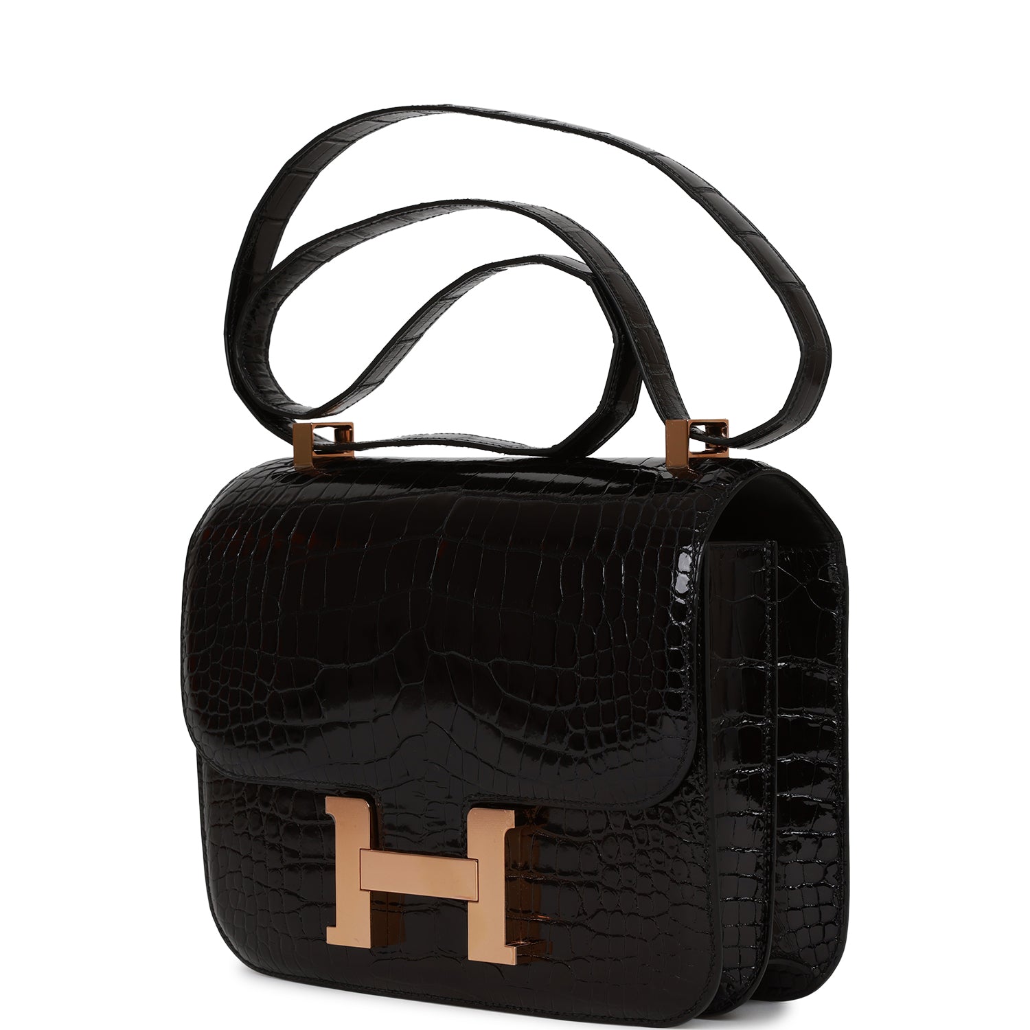 Hermes Constance 24 Black Shiny Alligator Rose Gold Hardware – Madison ...