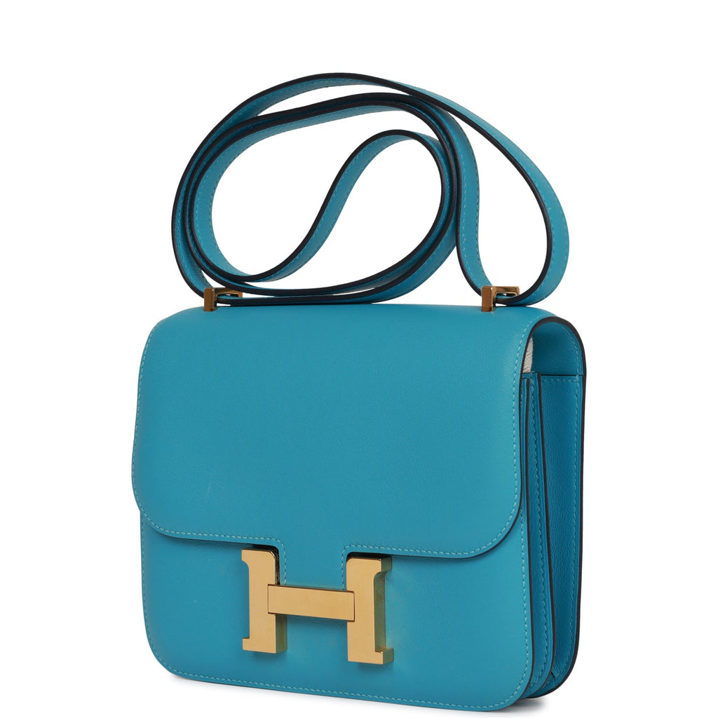 Hermes PHW Constance Mini Shoulder Bag Swift Leather Blue Bleu Du Nord