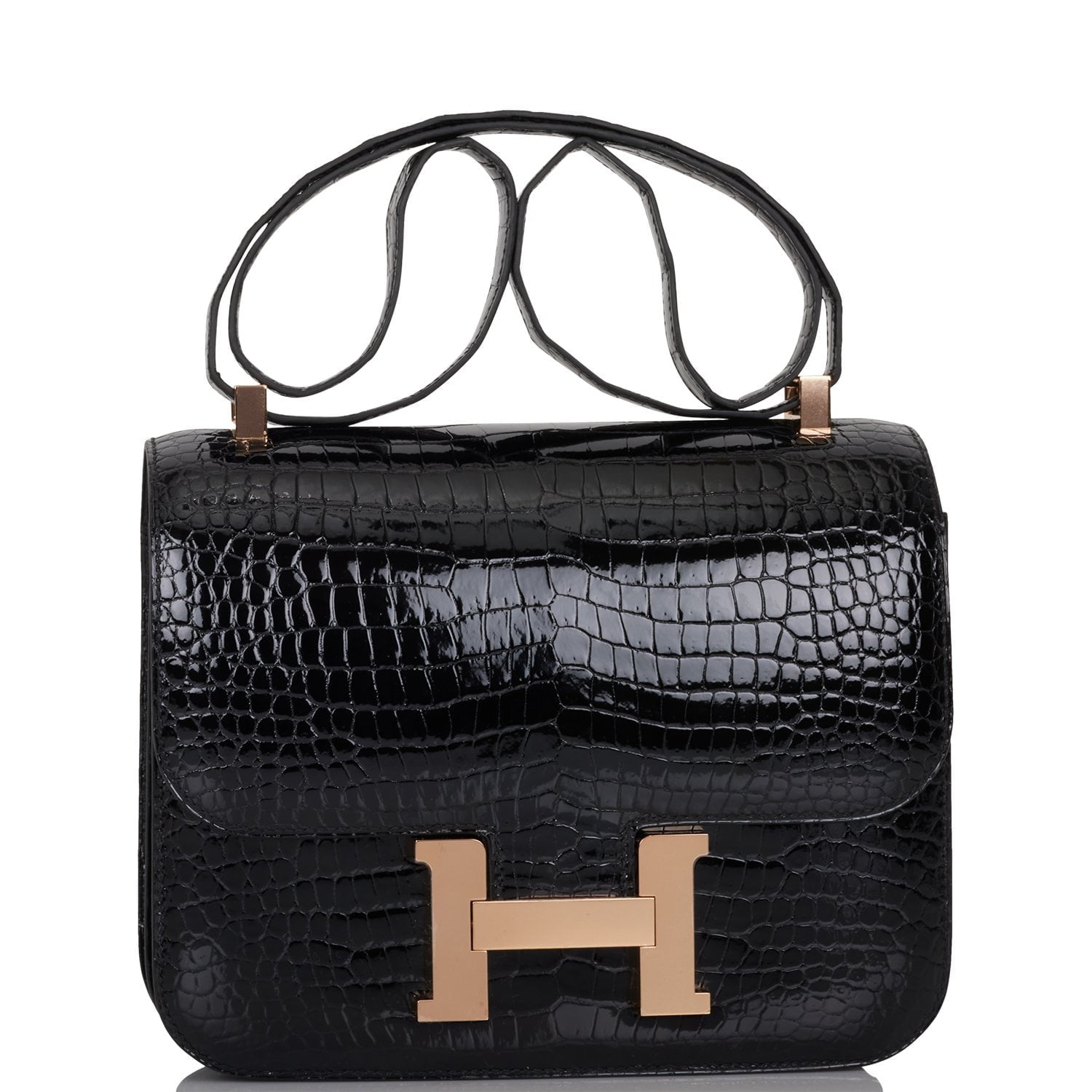 Hermes Constance 24 Black Shiny Porosus Crocodile Rose Gold Hardware ...