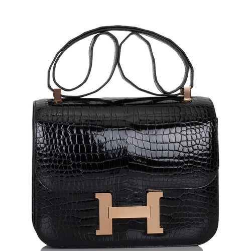 Hermes Constance 24 Black Shiny Porosus Crocodile Rose Gold Hardware