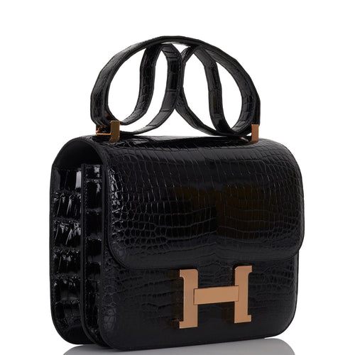 Hermes Constance 24 Black Shiny Porosus Crocodile Rose Gold Hardware