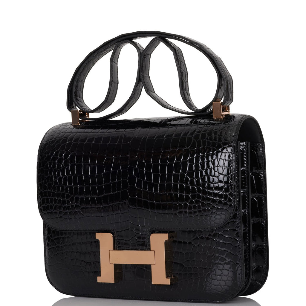 Hermes Constance 24 Black Shiny Alligator Rose Gold Hardware – Madison  Avenue Couture