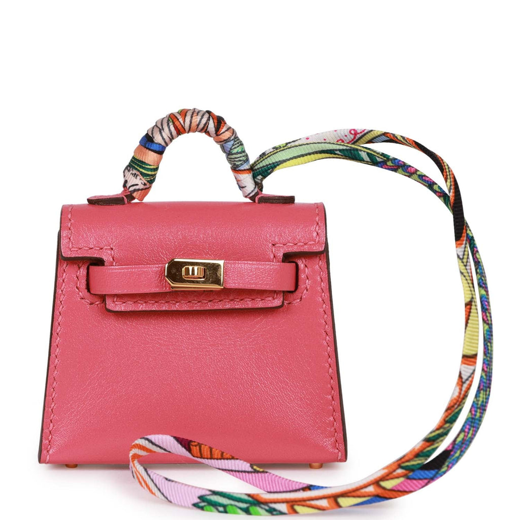 Hermes Mini Kelly Twilly Bag Charm Rose Lipstick Tadelakt Gold Hardware
