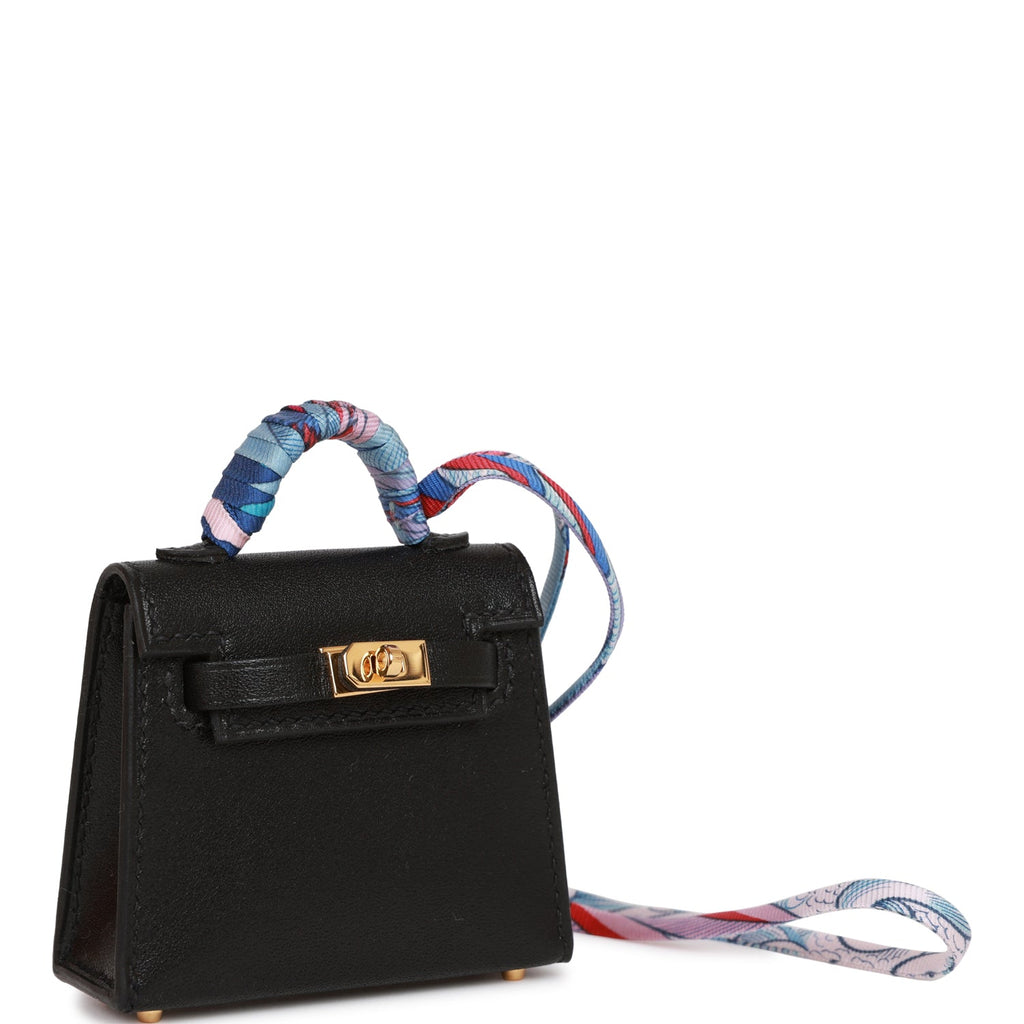 Hermès Black Tadelakt Micro Mini Twilly Kelly Bag Charm Palladium