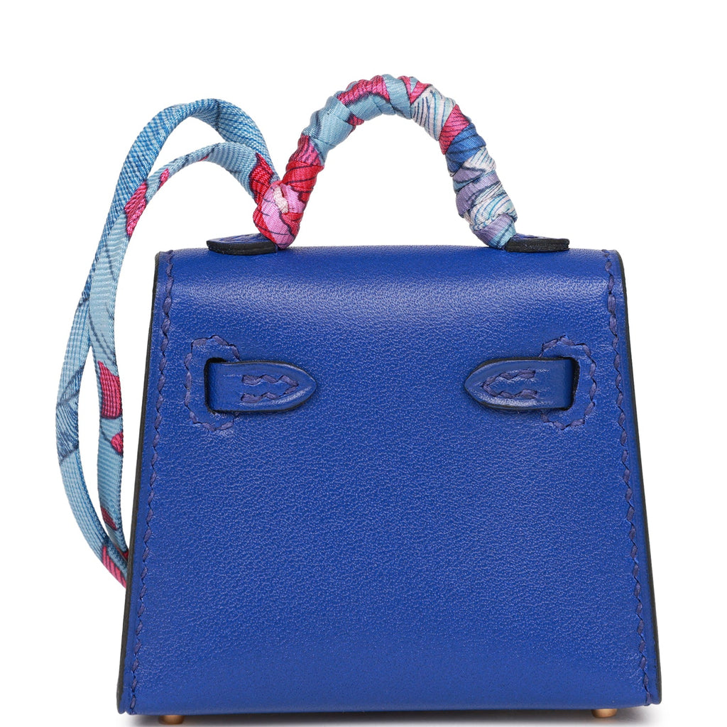 Hermès Blue, Pattern Print 2021 Tadelakt Mini Kelly Sellier Twilly Bag Charm