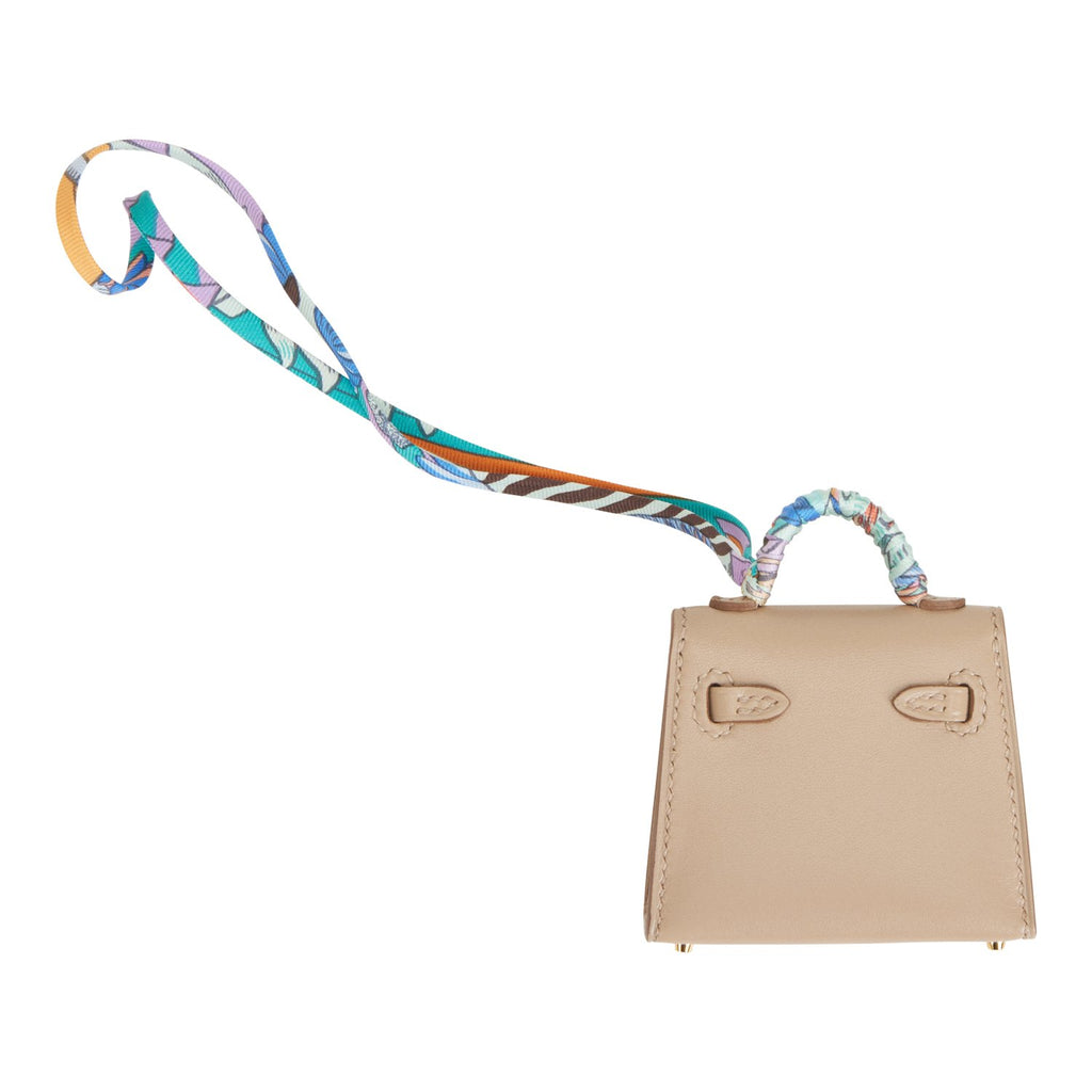 Hermes Kelly Twilly Bag Charm Etoupe Gold Hardware Tadelakt Leather New  w/Box
