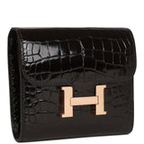 Hermes Constance Compact Wallet Black Shiny Alligator Rose Gold Hardware