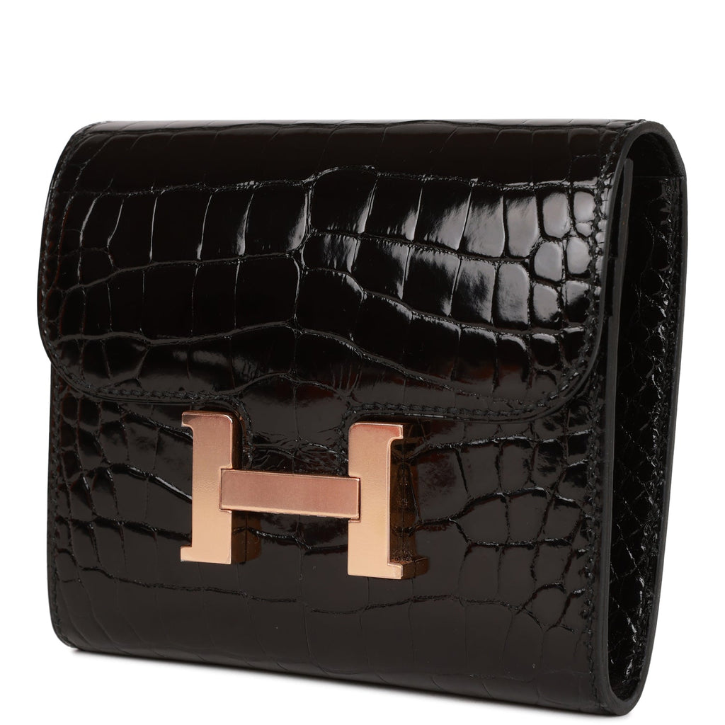 Hermes Constance Compact Wallet Black Shiny Alligator Rose Gold Hardware