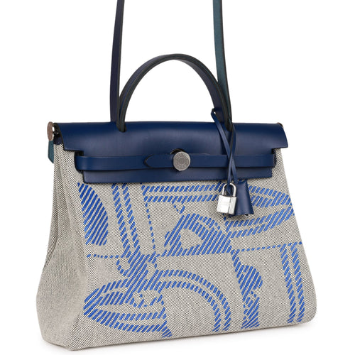 Hermes Herbag Zip PM 31 Brides de Gala Toile H Berline Bleu France Hunter Palladium Hardware