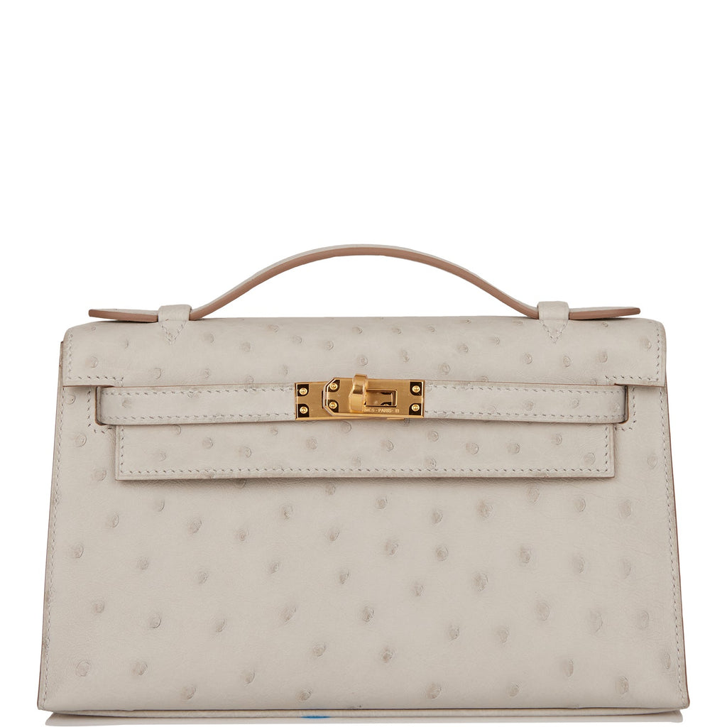 Replica Hermes Kelly Pochette Handmade Bag In Pearl Grey Ostrich Leather