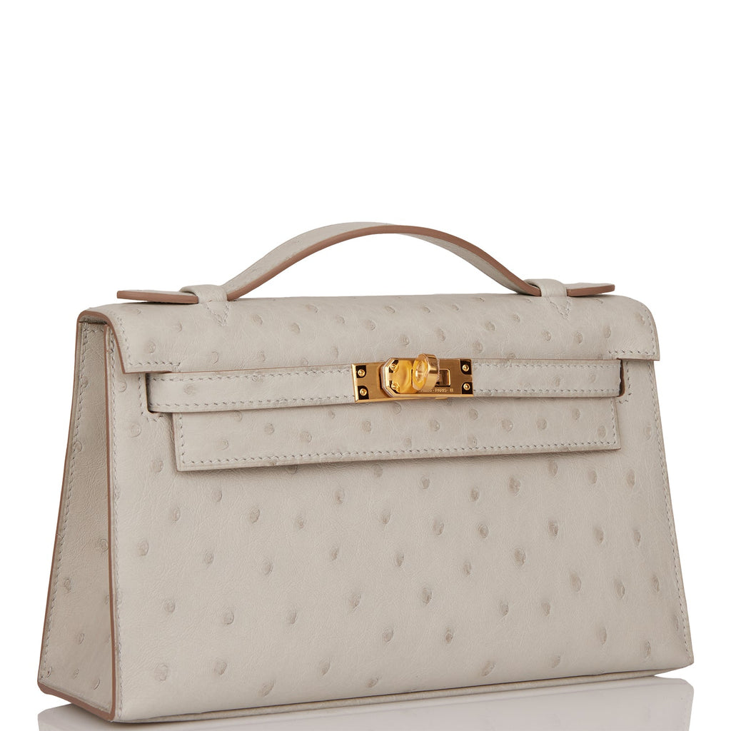 Hermes Parchment Ostrich Kelly Pochette Bag with Gold Hardware. X