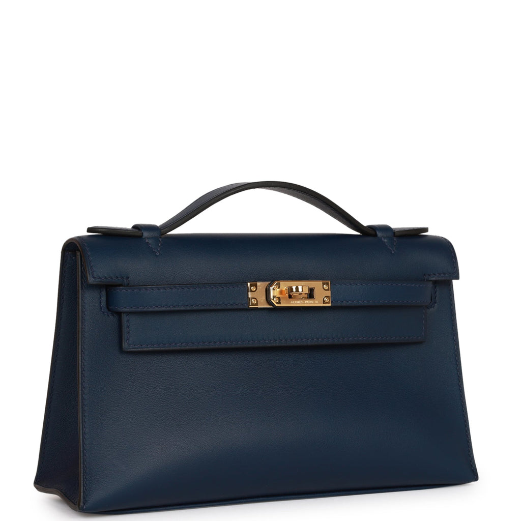 Hermes Kelly Mini Pochette Bag Epsom Leather Palladium Hardware In Navy Blue