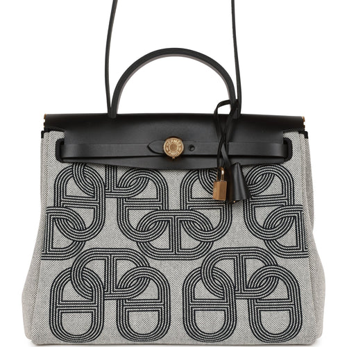 Hermes Herbag 31 "Chain D'ancre" Ecru and Black Vache Leather Gold Hardware