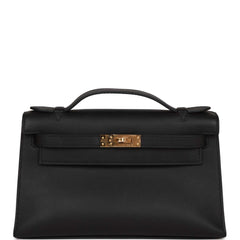 Hermes Kelly Pochette Bag Black Swift Clutch Gold Hardware – Mightychic