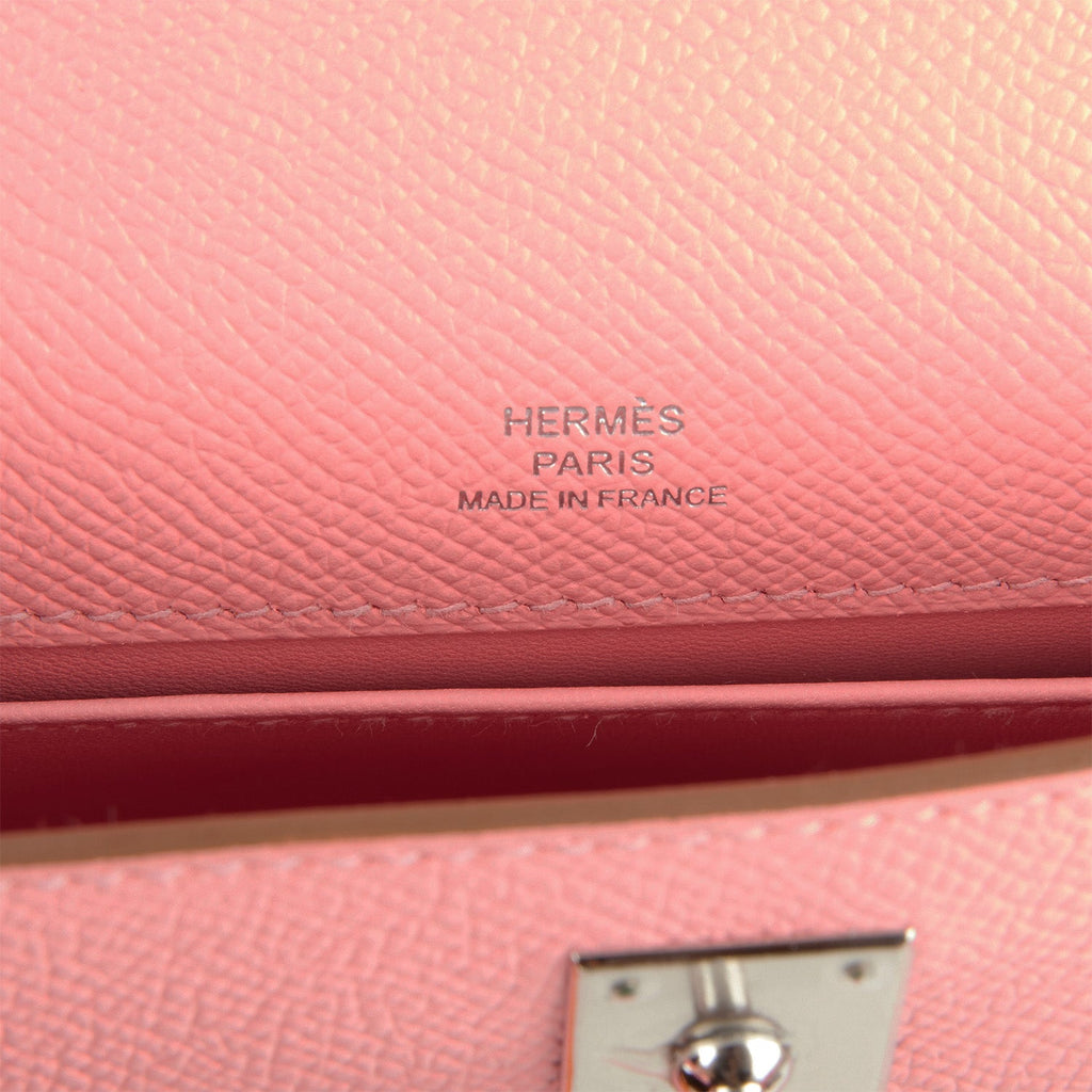 Hermes Kelly Pochette Rose Confetti Epsom Palladium Hardware