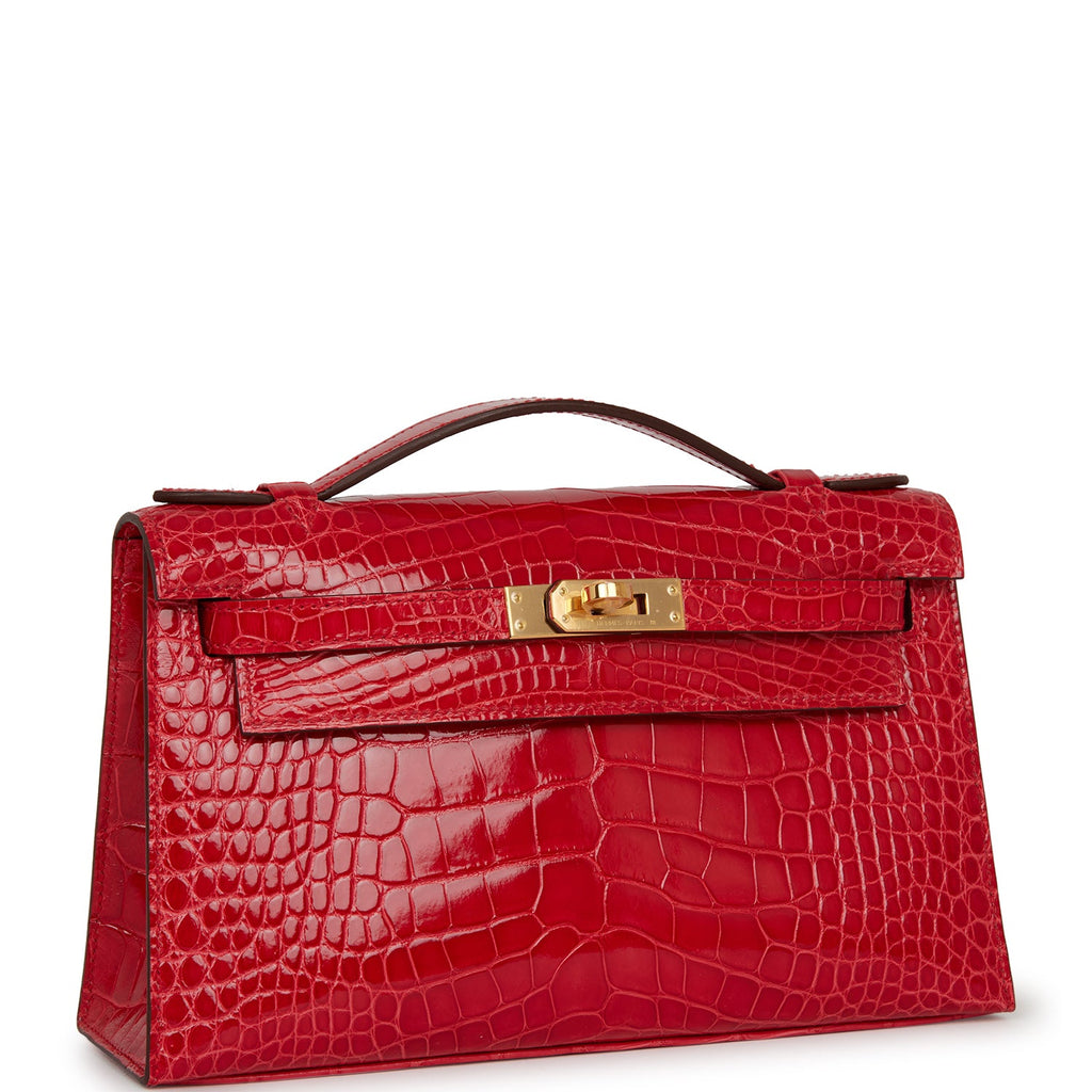 Hermes Kelly Pochette Bag Rouge Vif Red Ostrich Clutch Gold Hardware •  MIGHTYCHIC • 