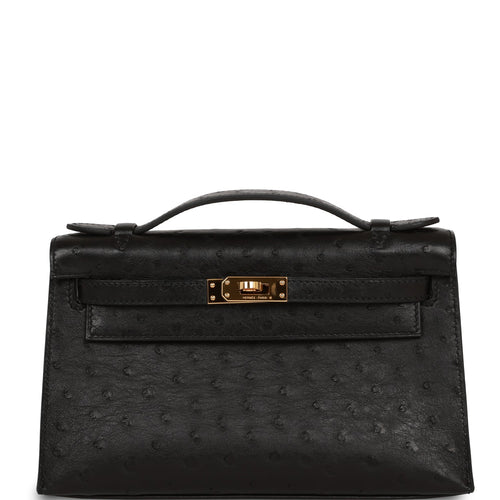 Pre-owned Hermes Kelly Pochette Black Ostrich Gold Hardware