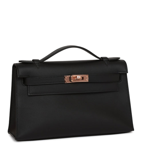 Hermes Kelly Pochette Black Swift Rose Gold Hardware