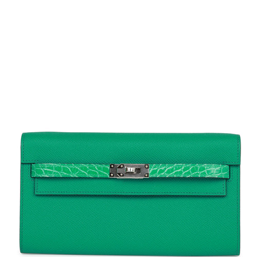 Hermes Touch Kelly Wallet To Go Vert Jade Epsom and Shiny Alligator Palladium Hardware