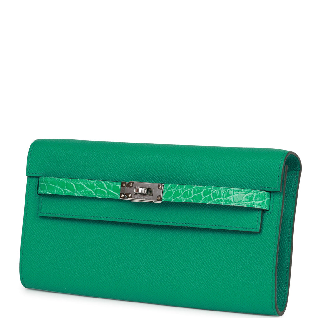 Hermes Touch Kelly Wallet To Go Vert Jade Epsom and Shiny Alligator Palladium Hardware