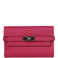 Pre-owned Hermes Medium Kelly Depliant Wallet Rose Pourpre Epsom Palladium Hardware