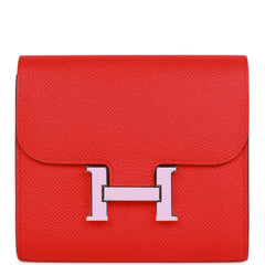 Pre-owned Hermes Constance Compact Wallet Rouge de Coeur Epsom Rose Sakura Enamel and Palladium Hardware
