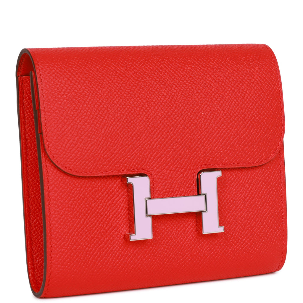 Pre-owned Hermes Constance Compact Wallet Rouge de Coeur Epsom Rose Sakura Enamel and Palladium Hardware