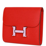 Pre-owned Hermes Constance Compact Wallet Rouge de Coeur Epsom Rose Sakura Enamel and Palladium Hardware