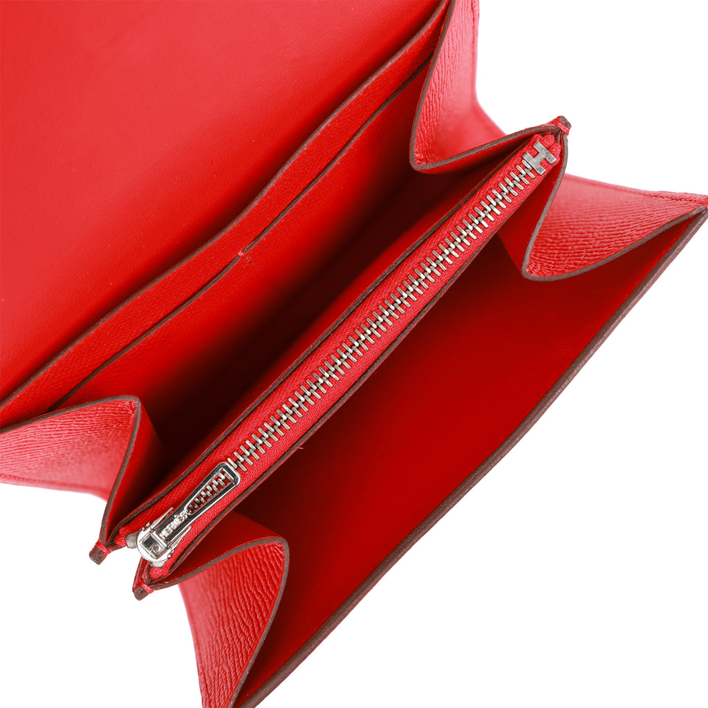 Pre-owned Hermes Rouge Casaque Epsom Leather Calvi Card Holder In Red