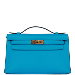 Hermes Kelly Pochette Blue Frida Bleu Gold Hardware Clutch Cut Bag Z Stamp, 2021